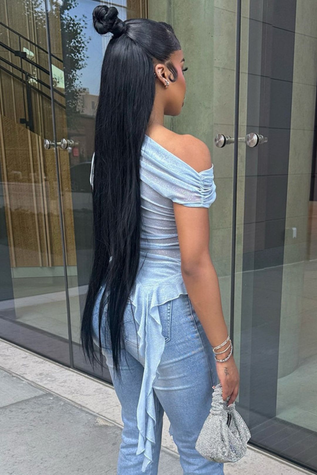 Solid Color Sense See-Through Mesh Oblique Shoulder Short-Sleeved Ruffled Ribbon Top