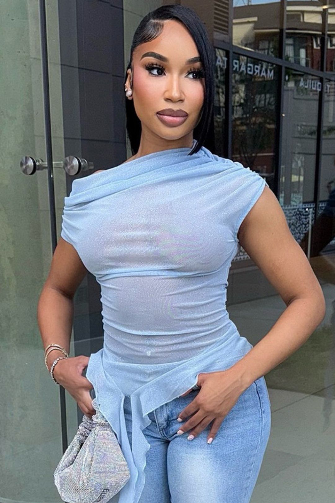 Solid Color Sense See-Through Mesh Oblique Shoulder Short-Sleeved Ruffled Ribbon Top