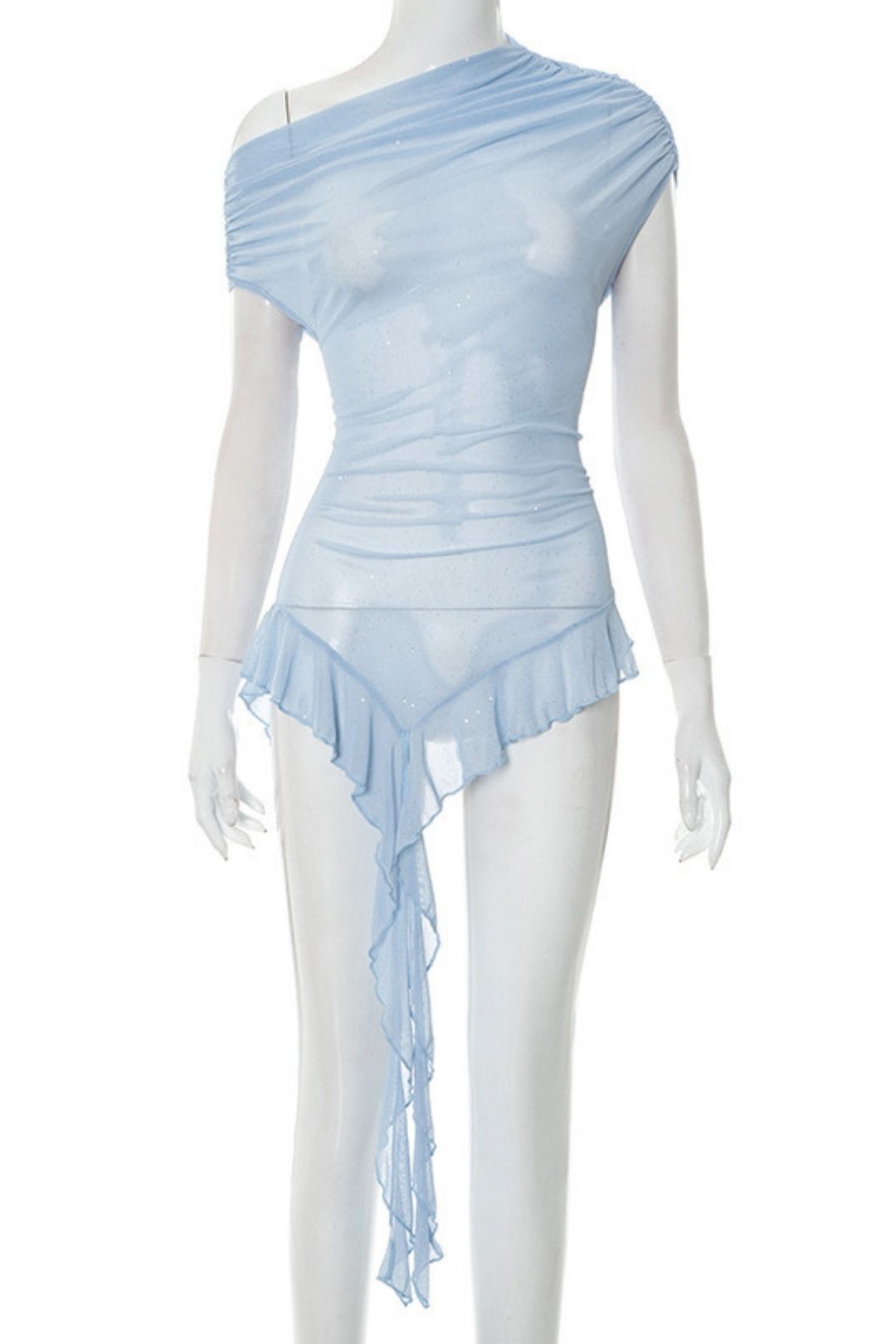 Solid Color Sense See-Through Mesh Oblique Shoulder Short-Sleeved Ruffled Ribbon Top