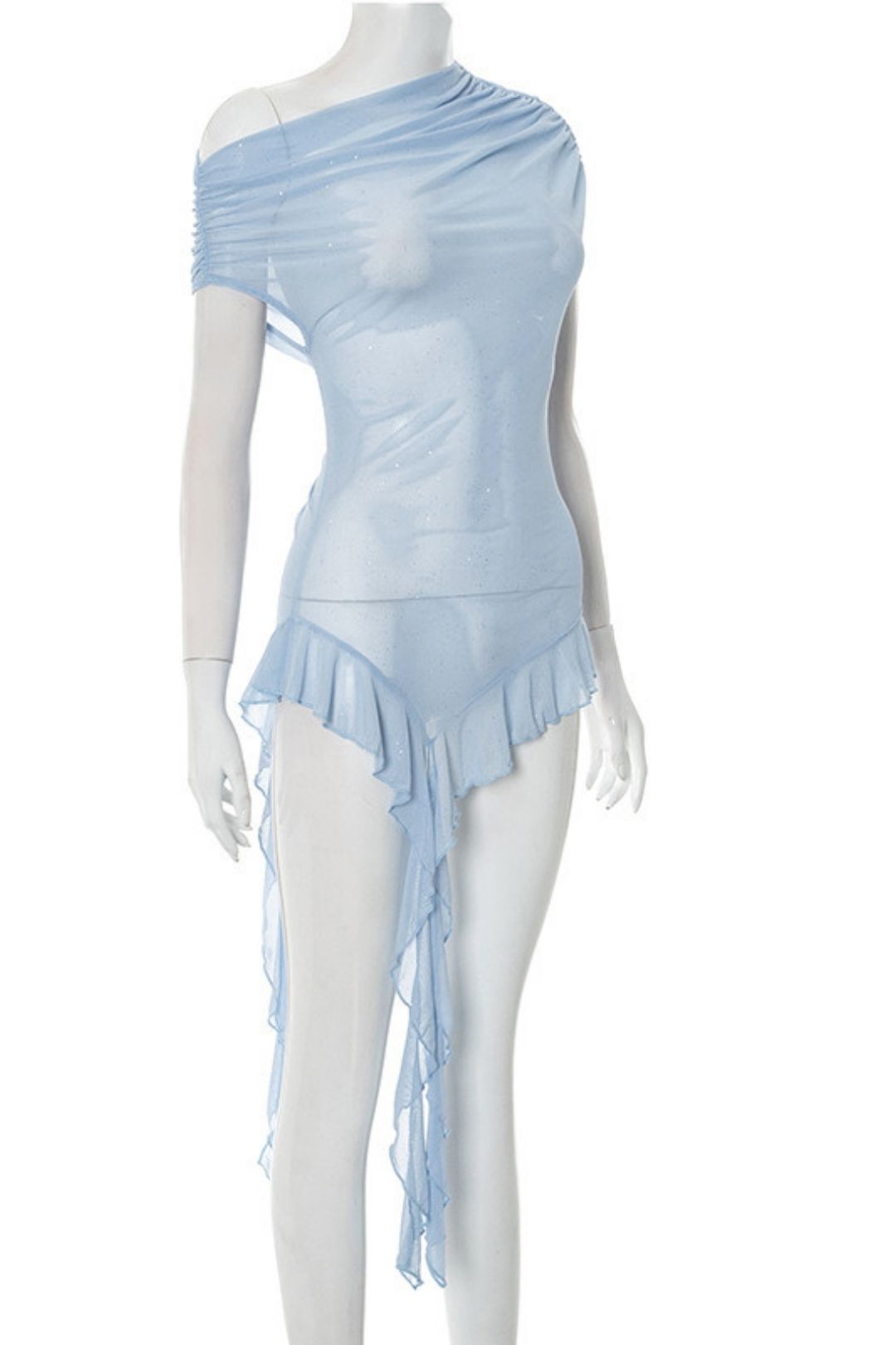 Solid Color Sense See-Through Mesh Oblique Shoulder Short-Sleeved Ruffled Ribbon Top