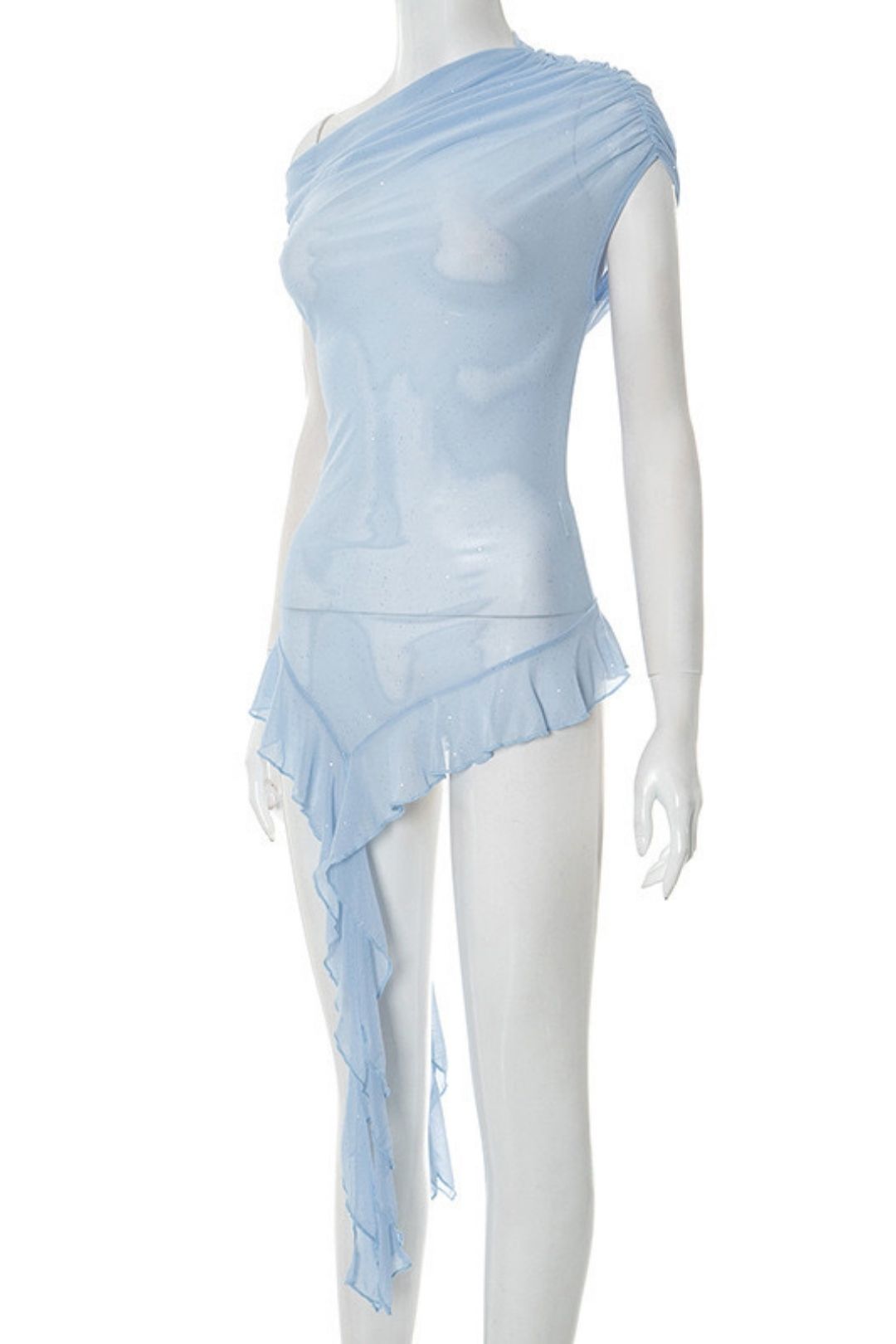 Solid Color Sense See-Through Mesh Oblique Shoulder Short-Sleeved Ruffled Ribbon Top