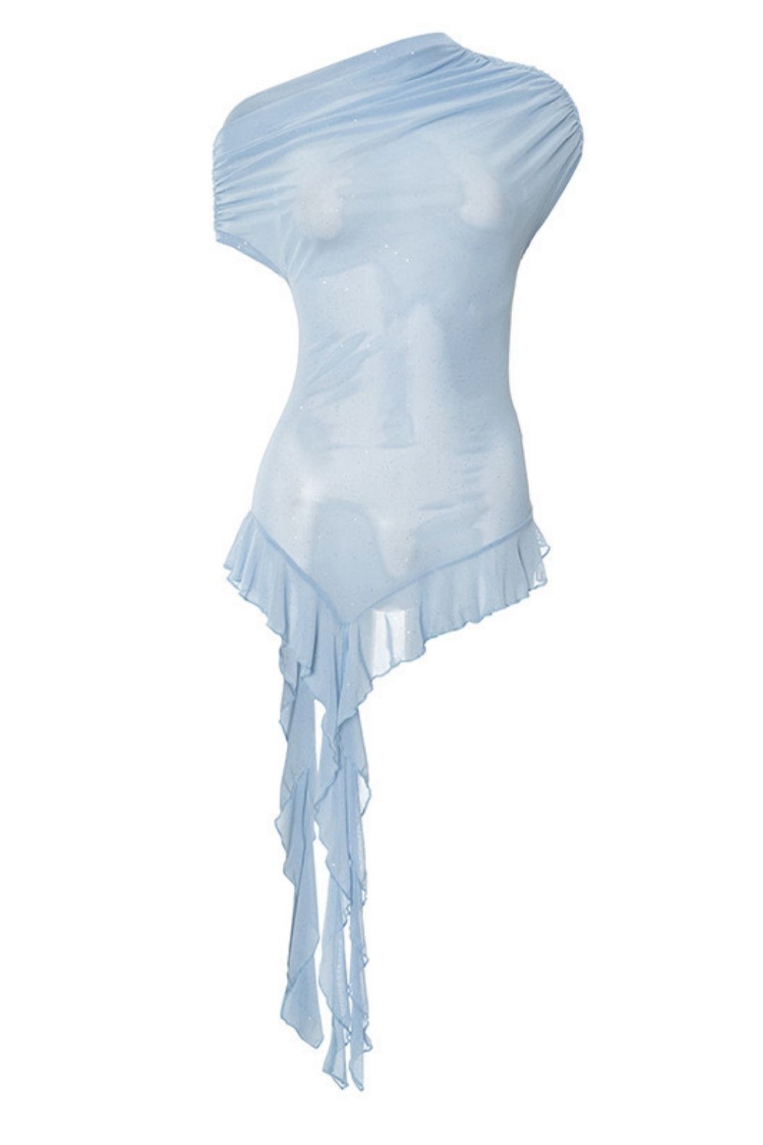 Solid Color Sense See-Through Mesh Oblique Shoulder Short-Sleeved Ruffled Ribbon Top