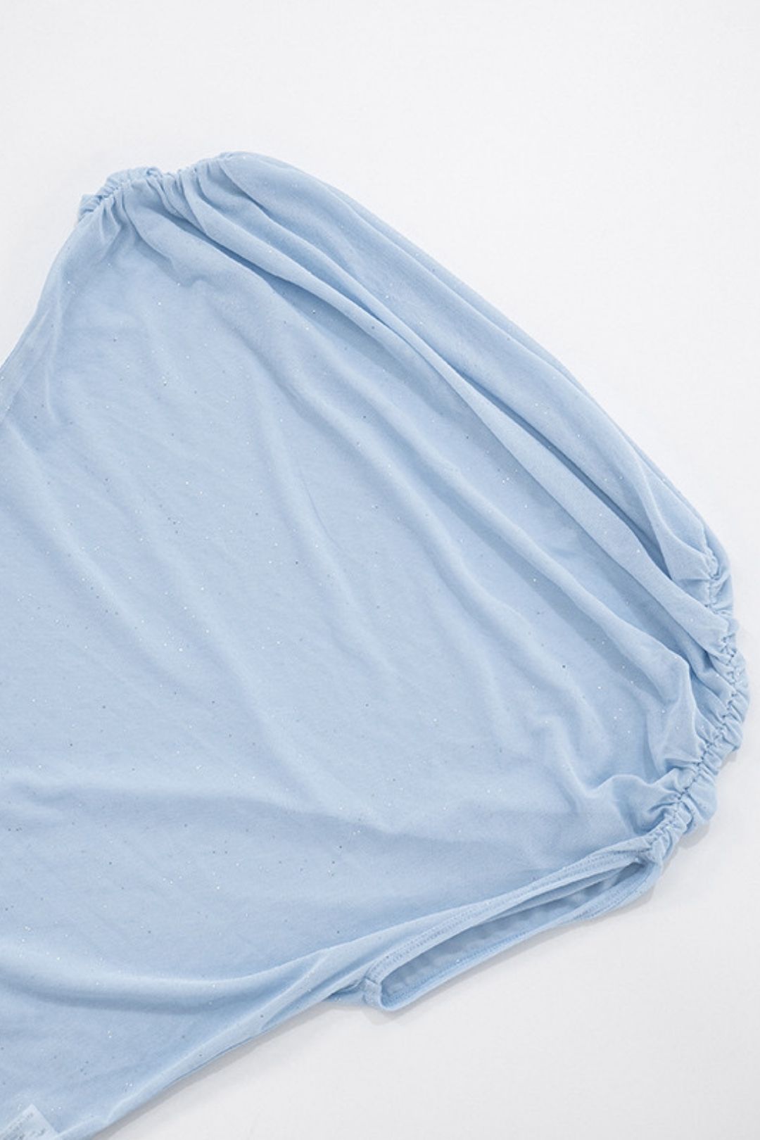 Solid Color Sense See-Through Mesh Oblique Shoulder Short-Sleeved Ruffled Ribbon Top