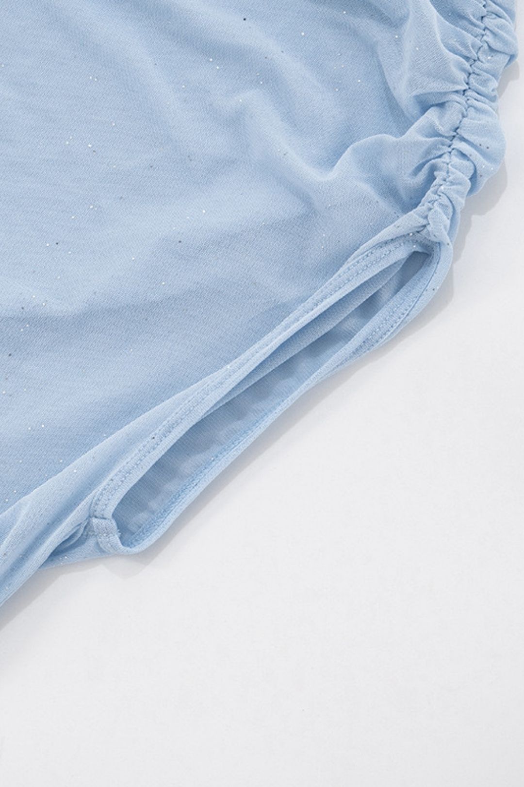 Solid Color Sense See-Through Mesh Oblique Shoulder Short-Sleeved Ruffled Ribbon Top