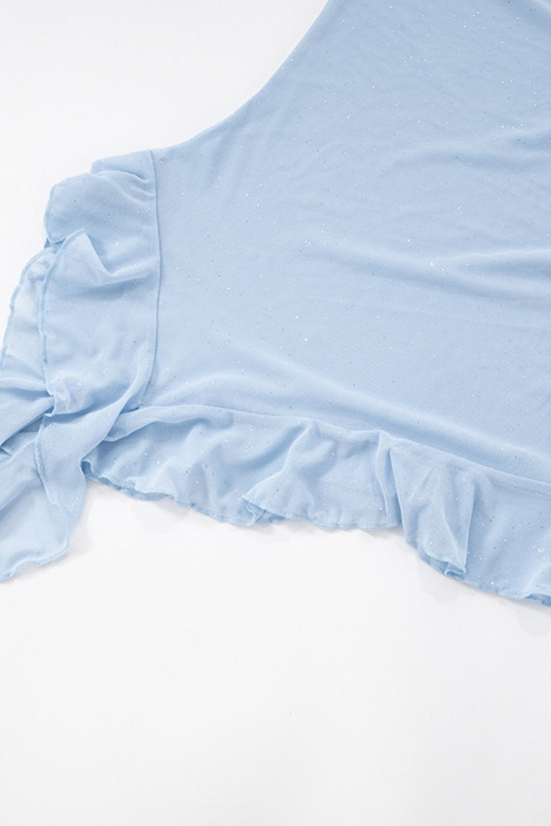 Solid Color Sense See-Through Mesh Oblique Shoulder Short-Sleeved Ruffled Ribbon Top