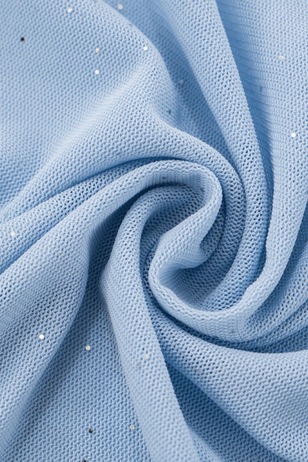 Solid Color Sense See-Through Mesh Oblique Shoulder Short-Sleeved Ruffled Ribbon Top