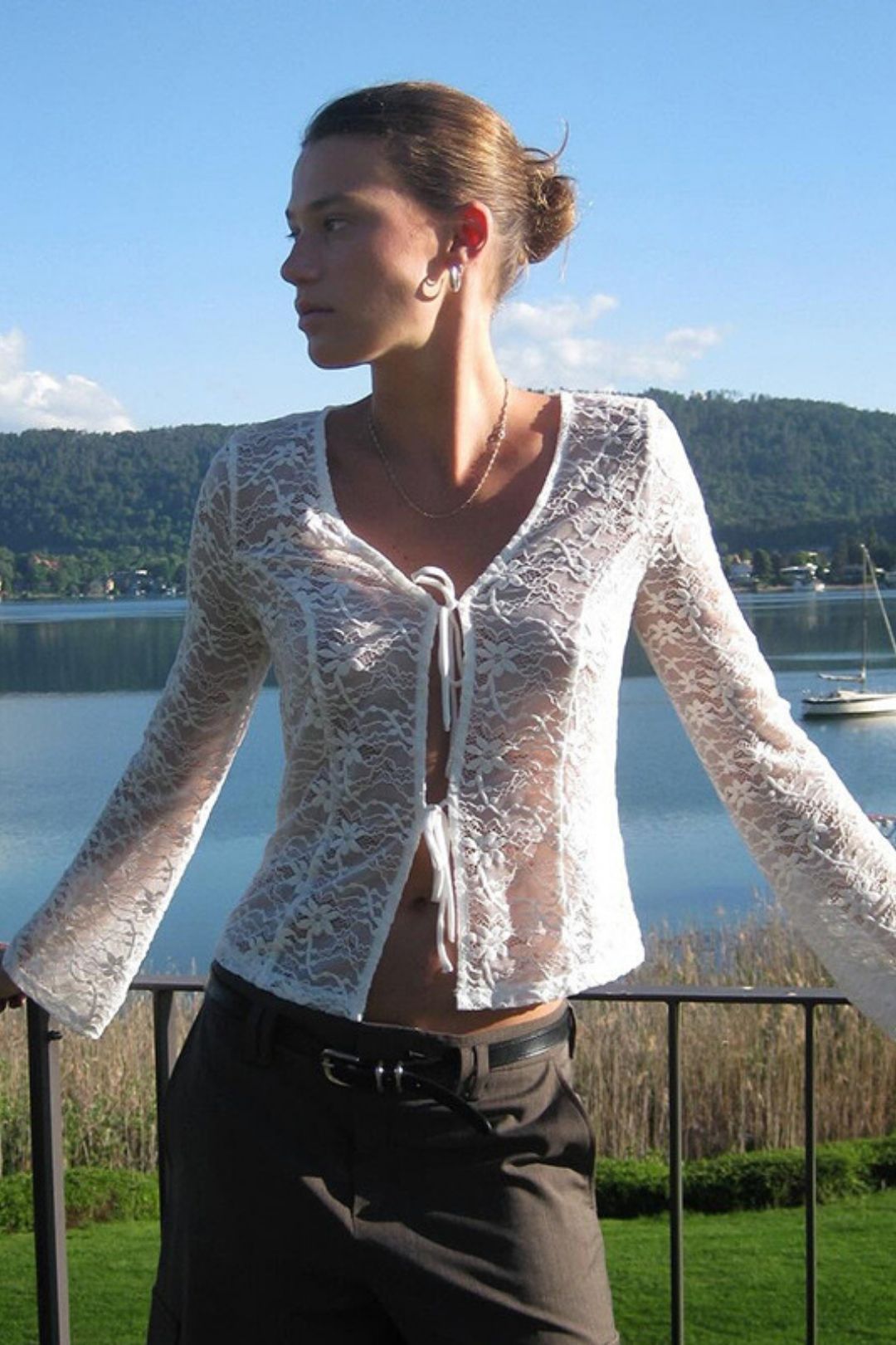 Pure Color Lace Sexy Long-Sleeved Outer Shirt Tops