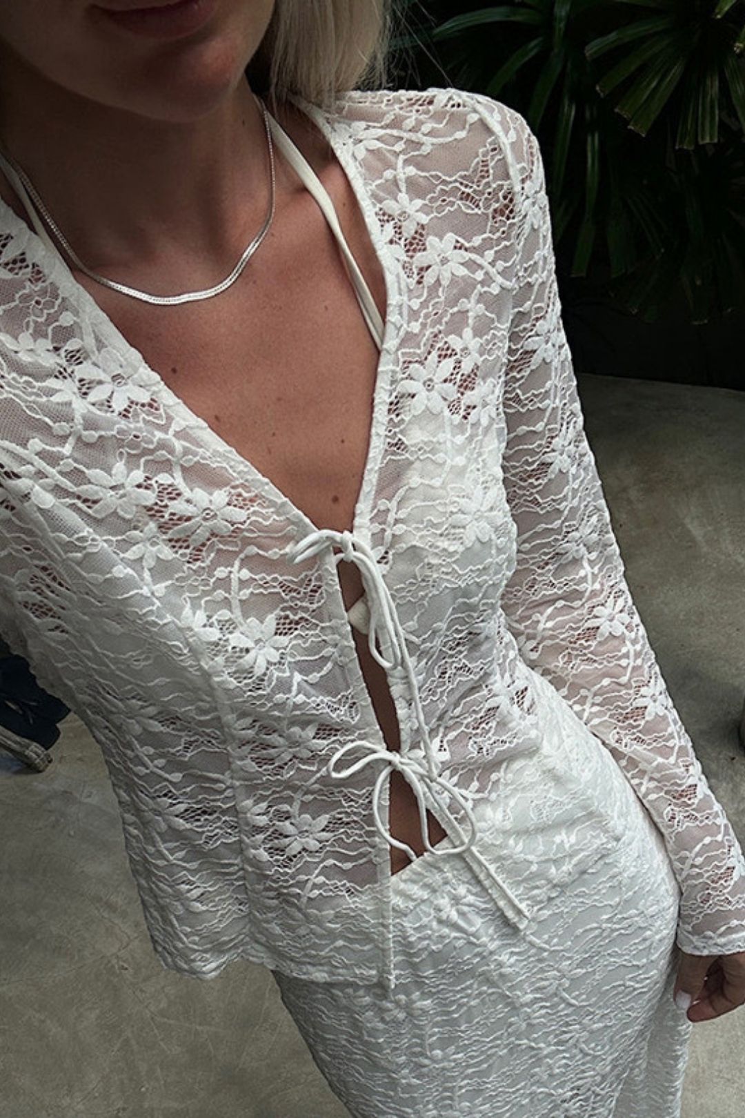 Pure Color Lace Sexy Long-Sleeved Outer Shirt Tops