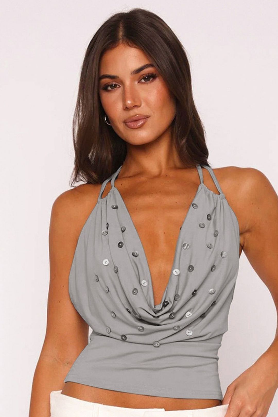 New Pure Color V Neck Halter Strap Backless Vest Top T-Shirt