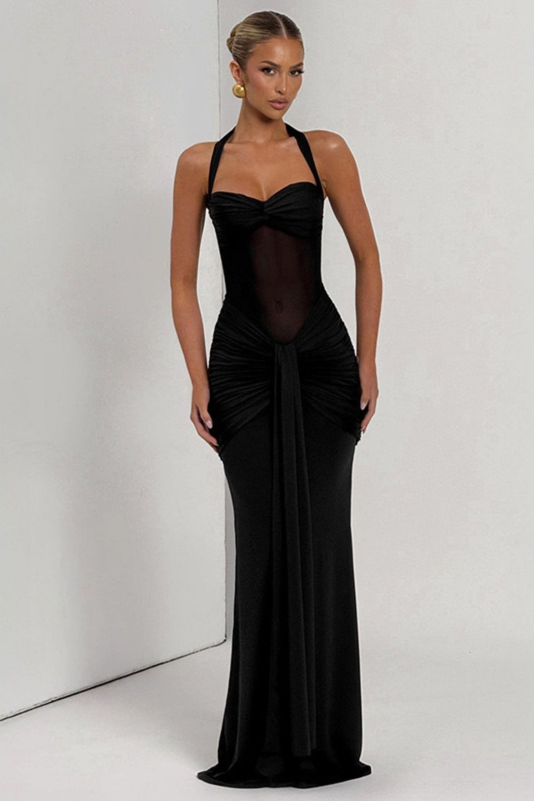 New Solid Pure Color Halter Mesh Tight Splicing Dress