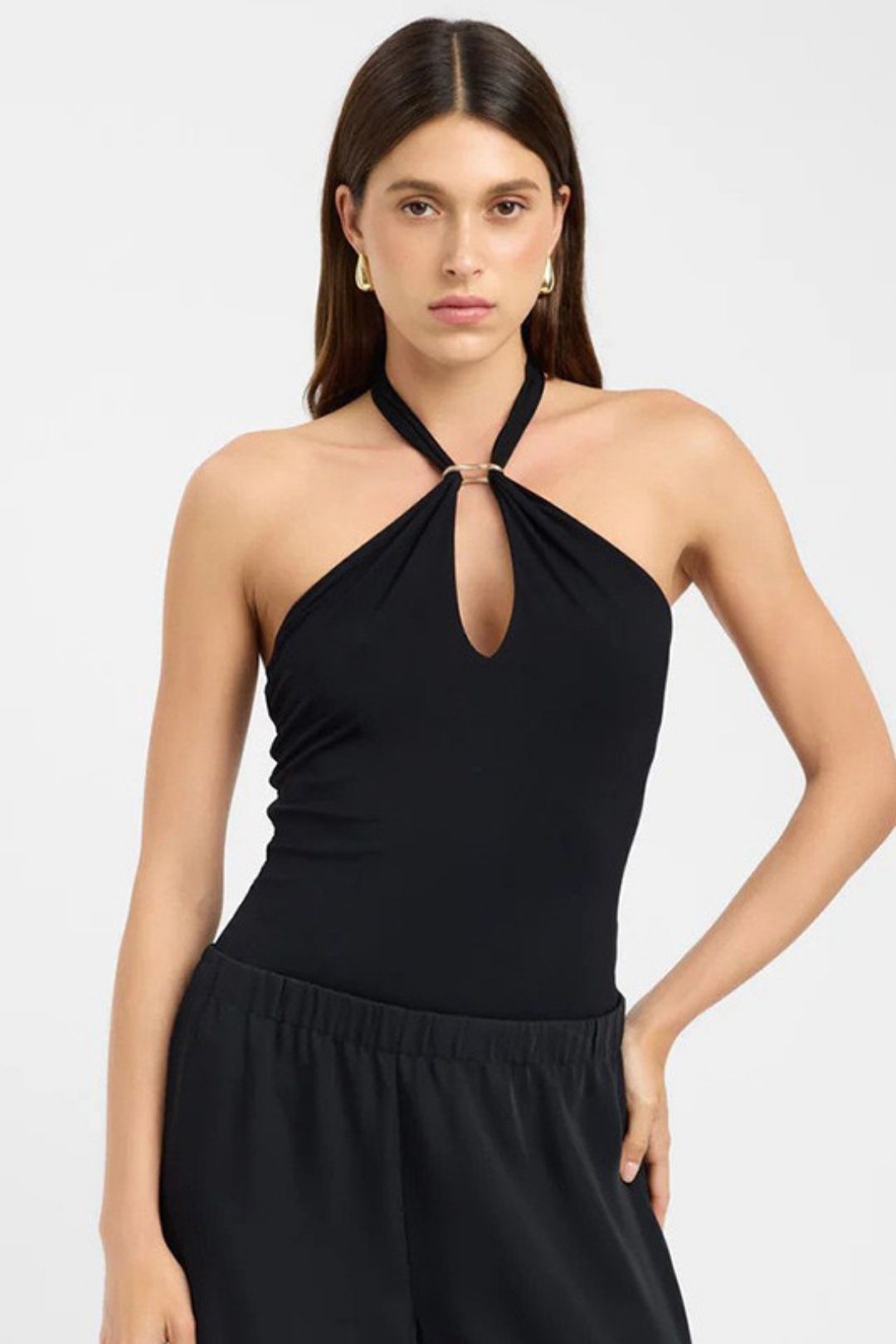 New Solid Pure Color Metal Ring Backless T-Shirt