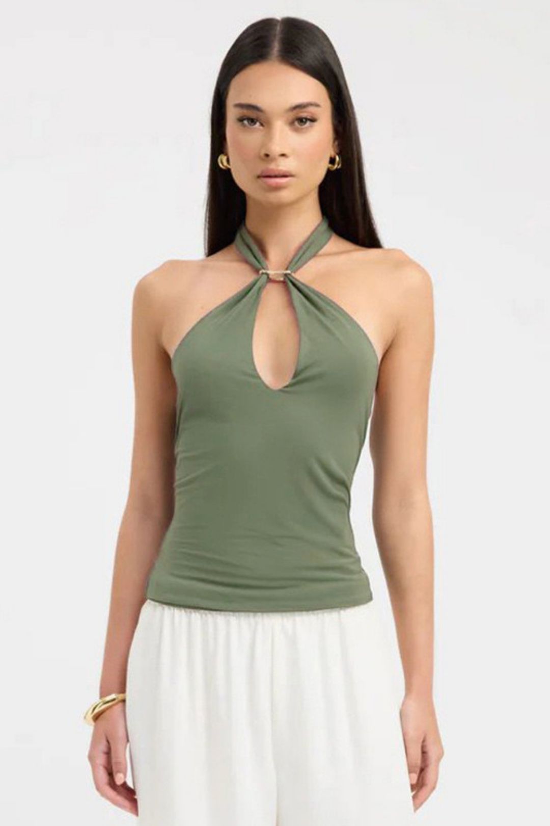 New Solid Pure Color Metal Ring Backless T-Shirt