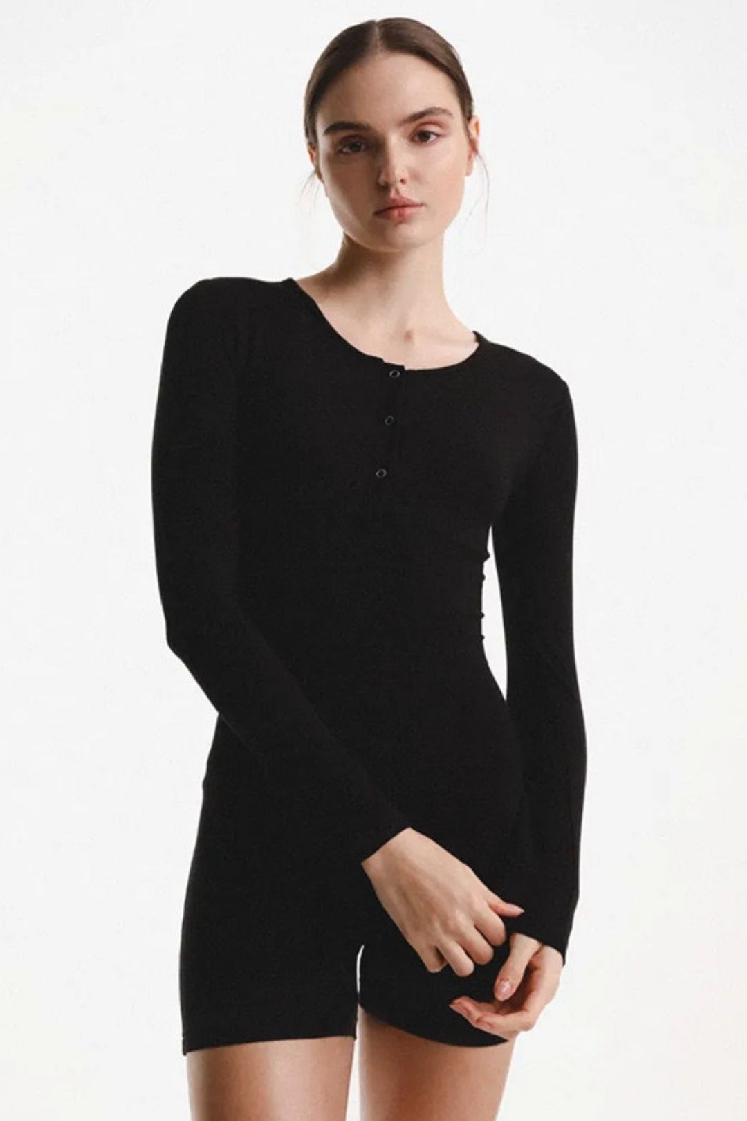 Summer New  Pure  Long-sleeved Roundneckbuttontightone-piece Shorts Top