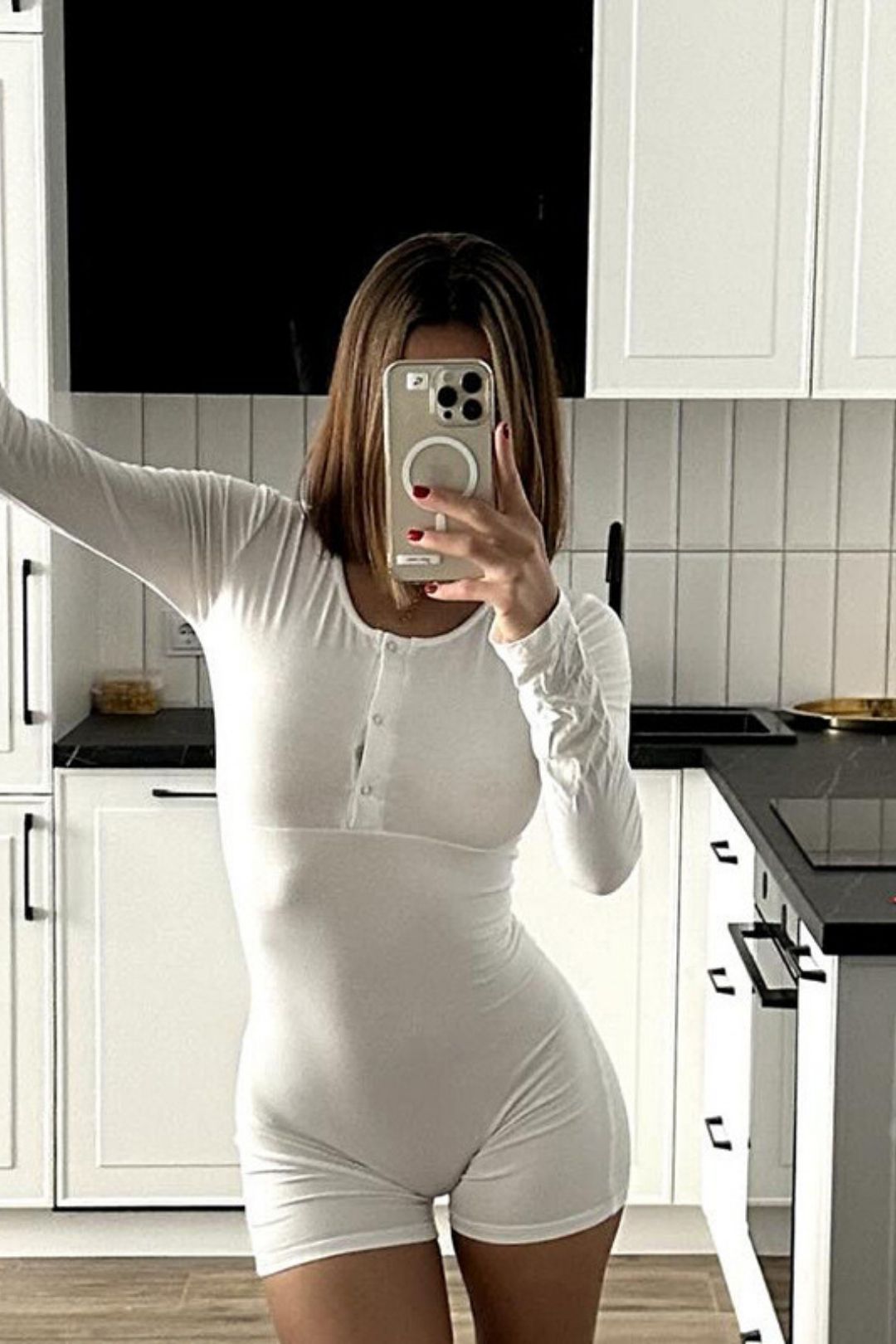 Summer New  Pure  Long-sleeved Roundneckbuttontightone-piece Shorts Top