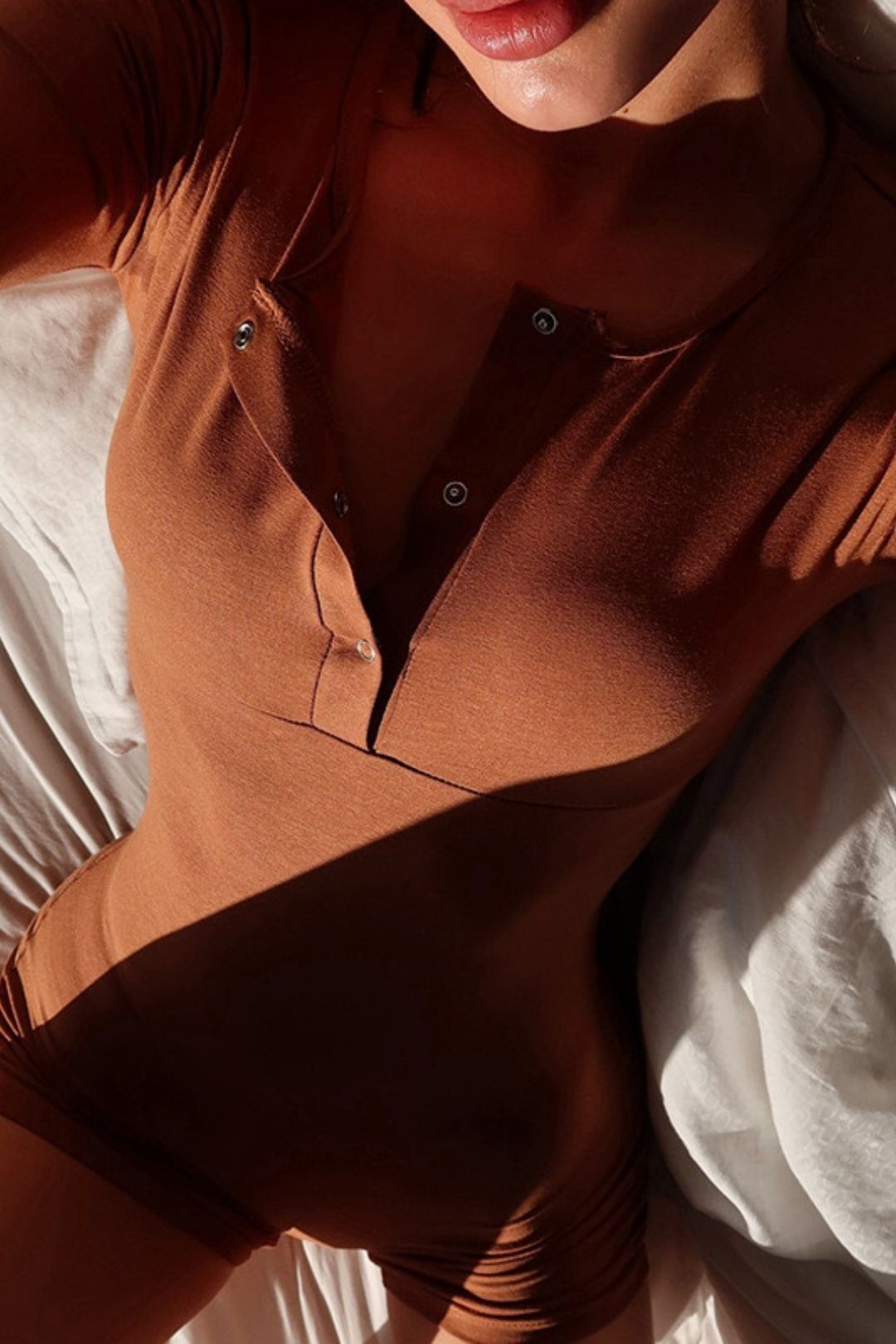 Summer New  Pure  Long-sleeved Roundneckbuttontightone-piece Shorts Top