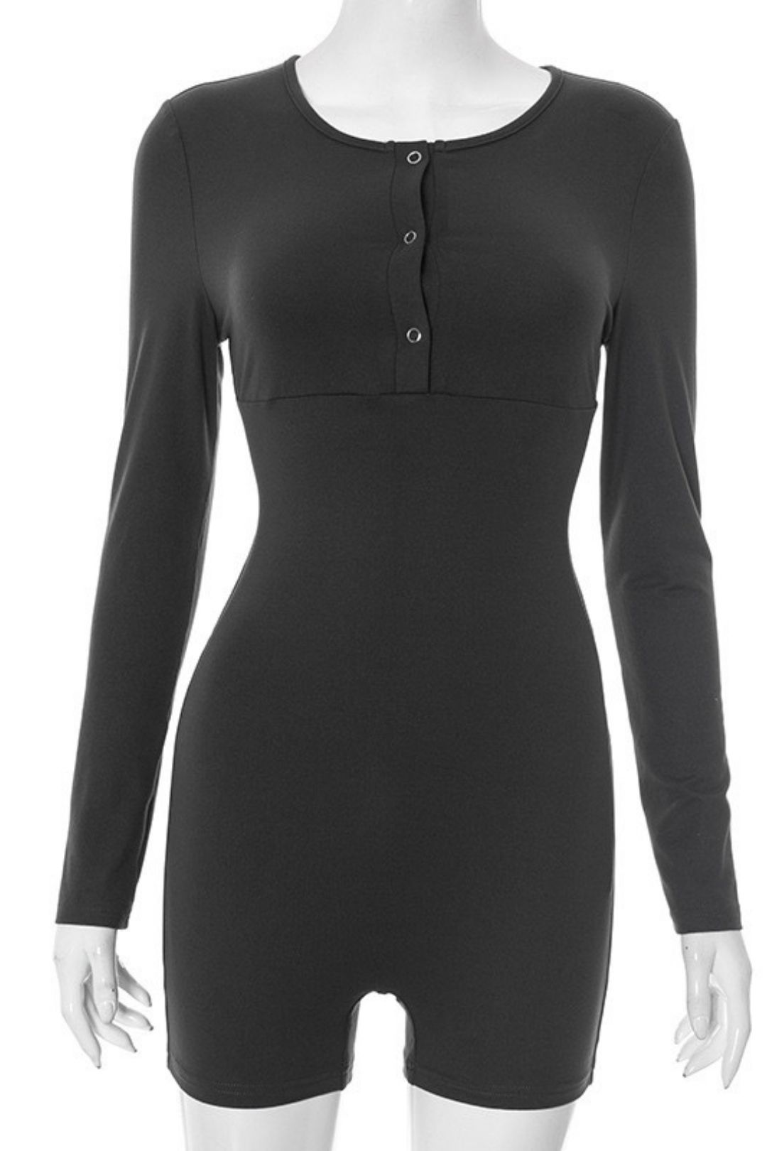 Summer New  Pure  Long-sleeved Roundneckbuttontightone-piece Shorts Top