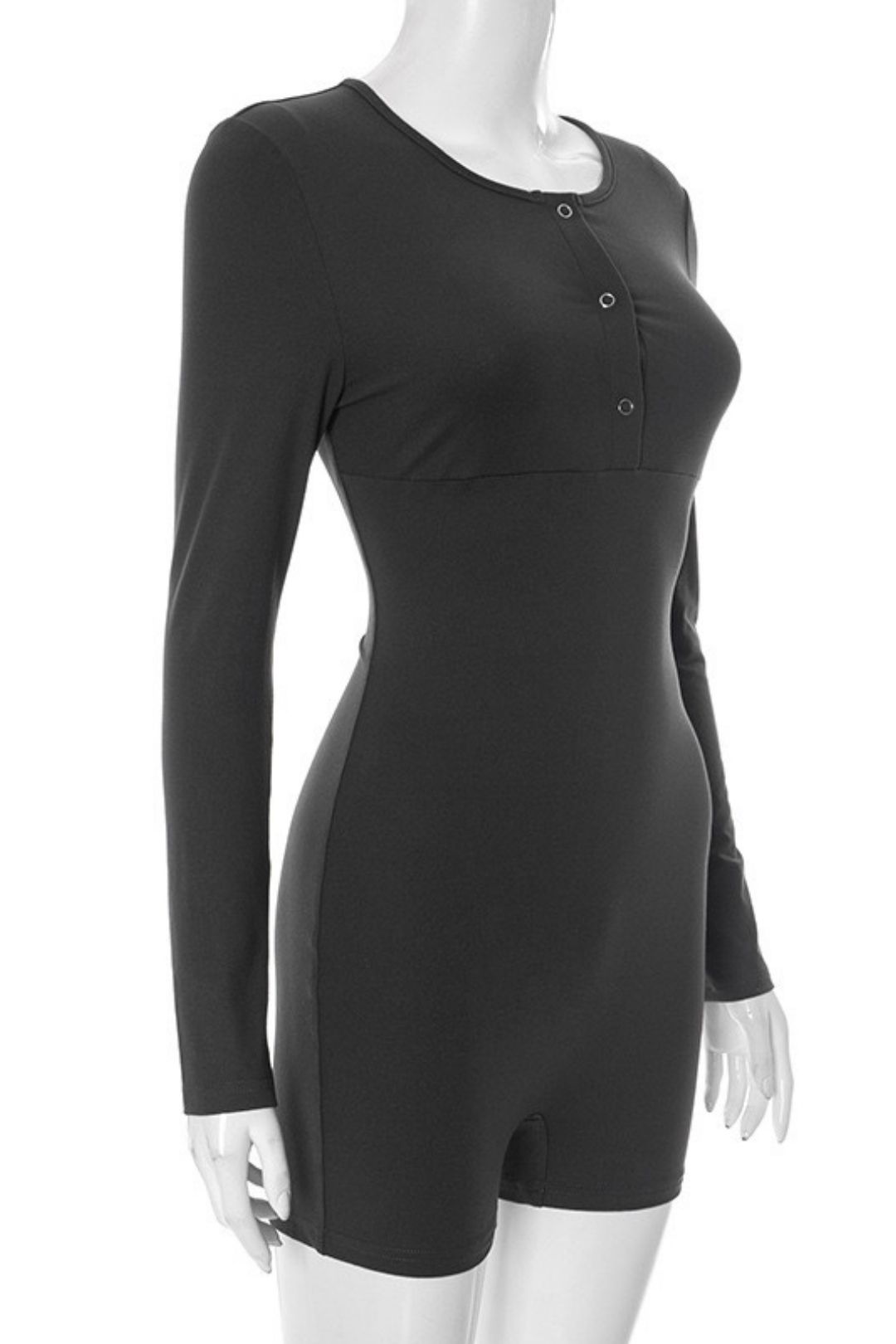 Summer New  Pure  Long-sleeved Roundneckbuttontightone-piece Shorts Top