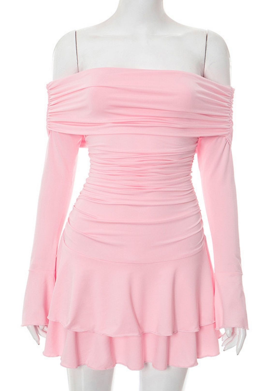 Summer New Pure Color One-Line Collar Pleated Ruffled Long-Sleeved Sexy Dress And Skirt