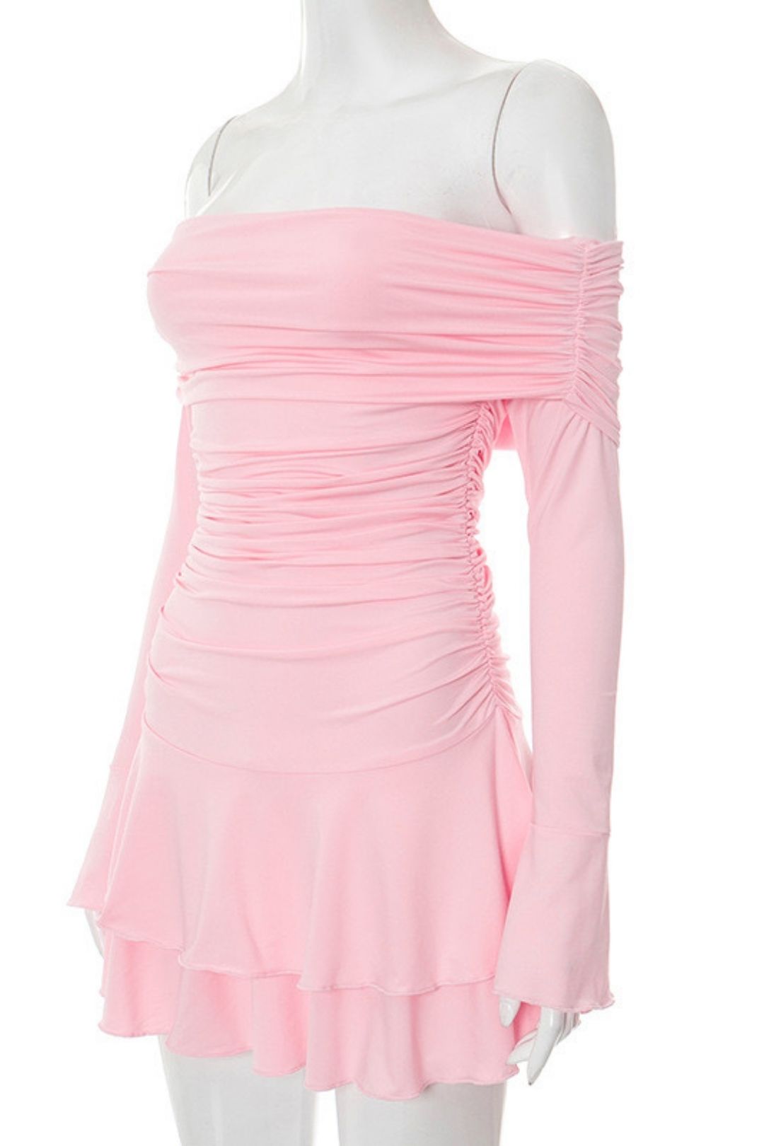 Summer New Pure Color One-Line Collar Pleated Ruffled Long-Sleeved Sexy Dress And Skirt