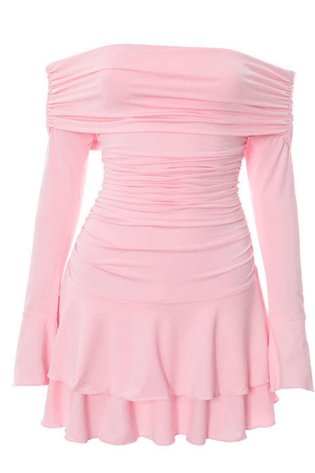 Summer New Pure Color One-Line Collar Pleated Ruffled Long-Sleeved Sexy Dress And Skirt