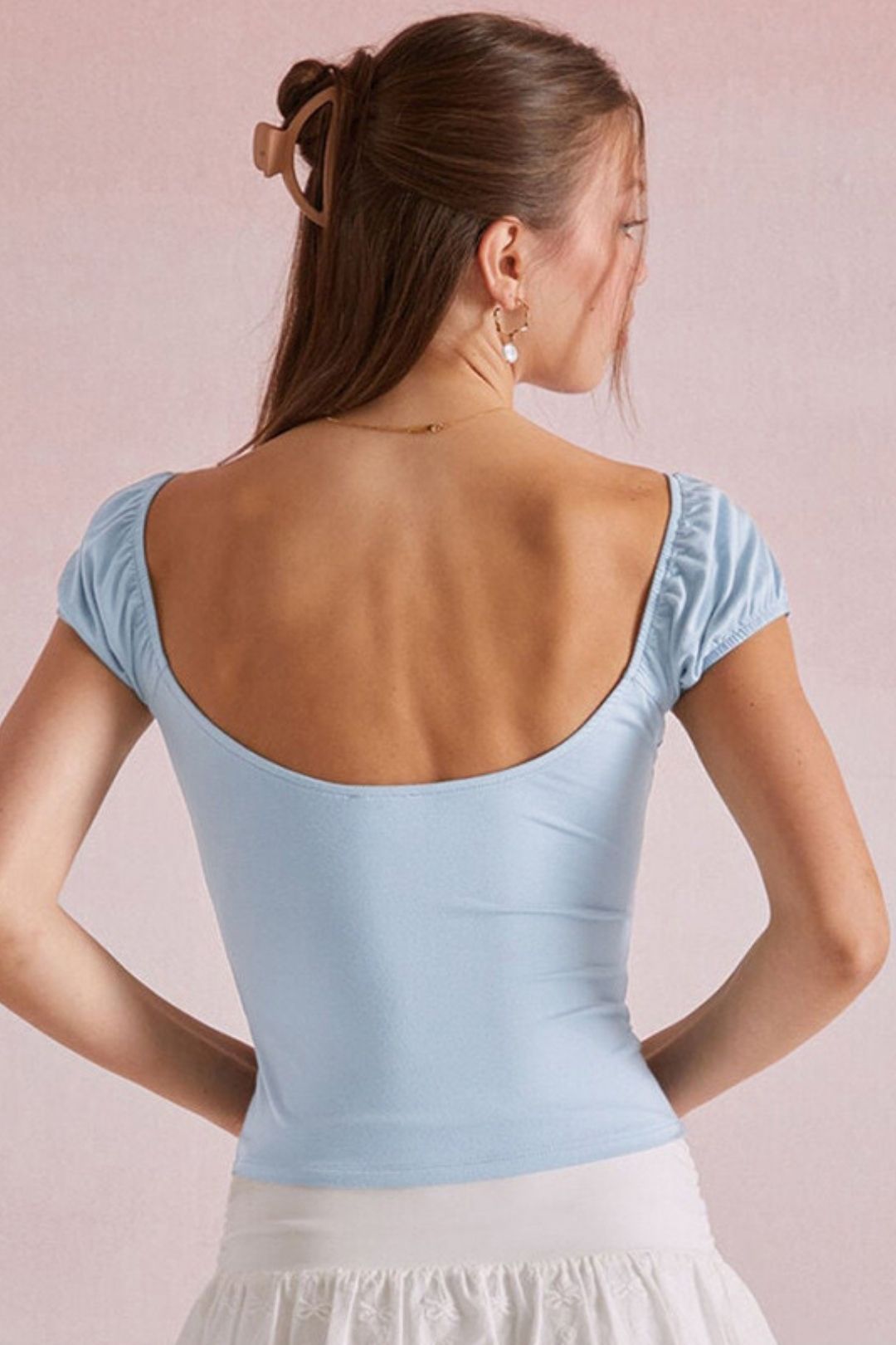 New Solid Color Short-sleeved V-neck Simple Backless Casual Top T-shirt