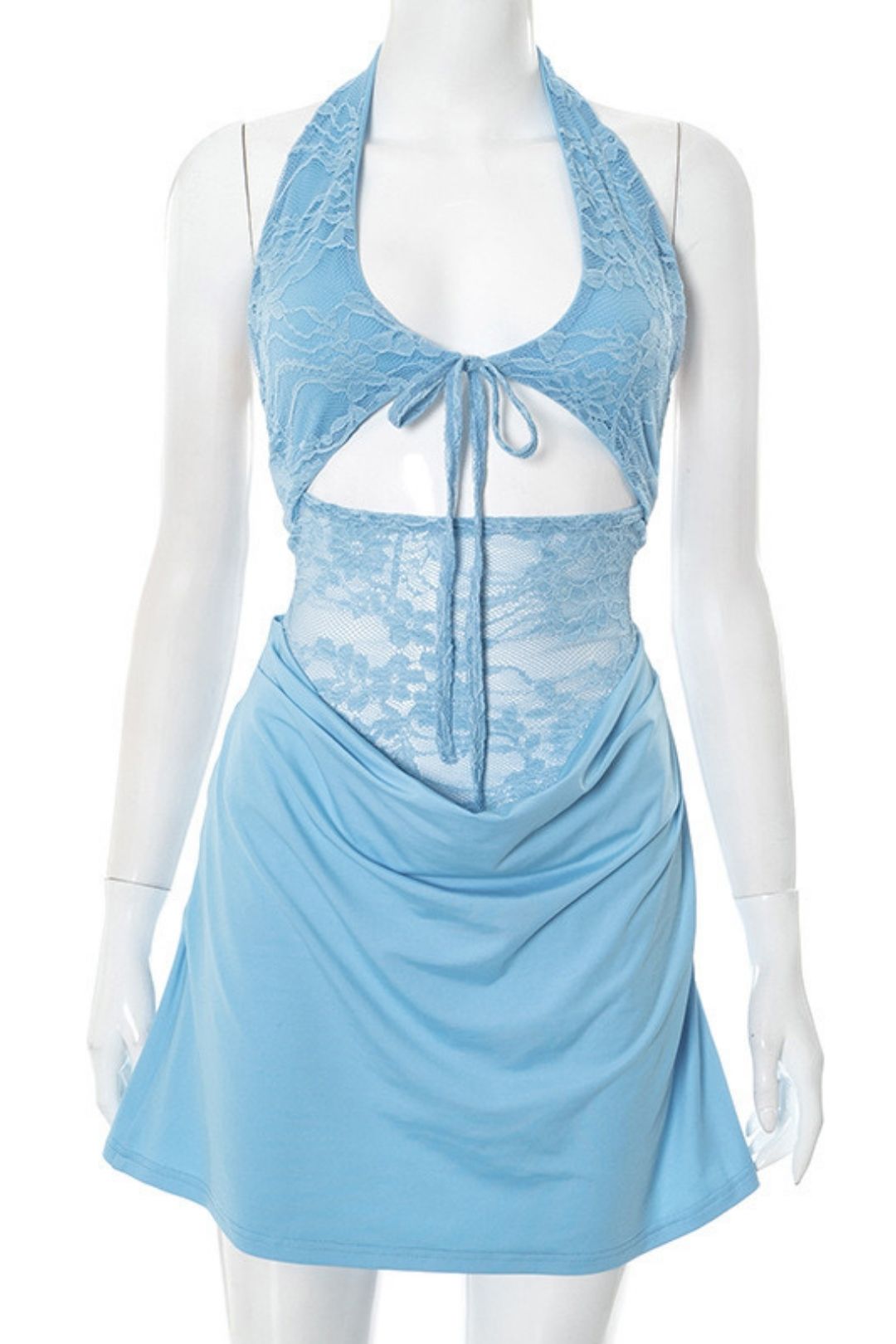 Summer New Solid Color Neck Lace Stitching Hollow Dress