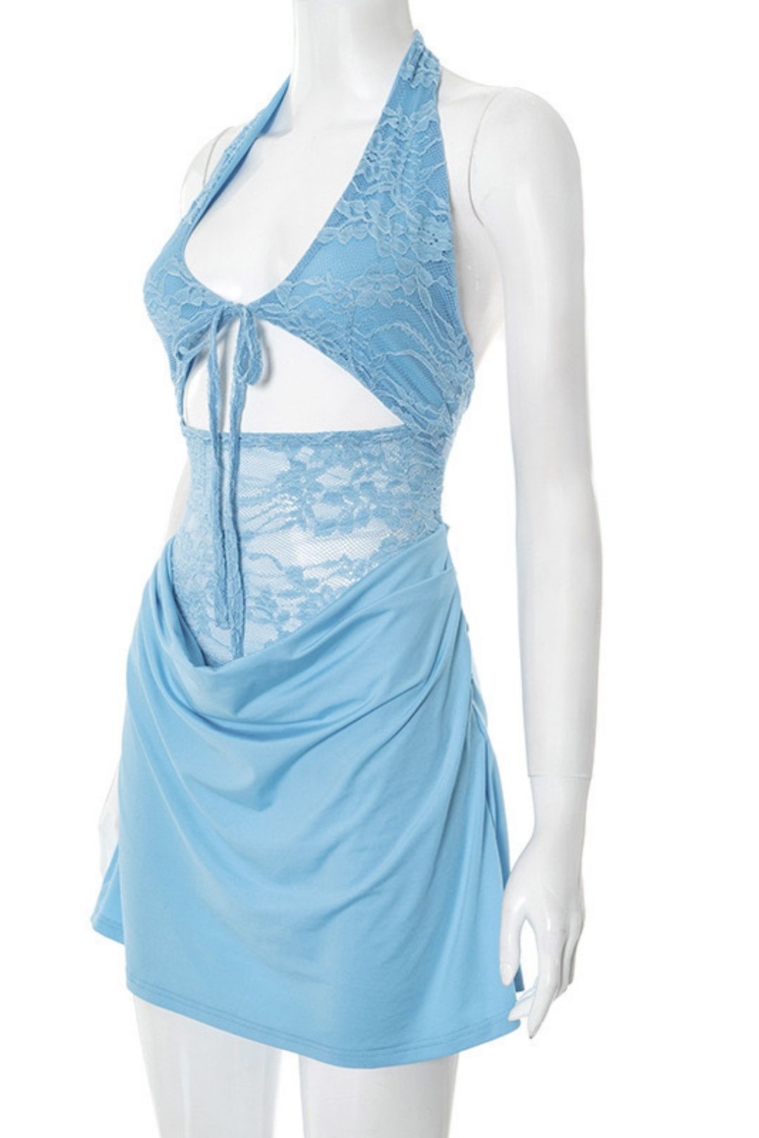 Summer New Solid Color Neck Lace Stitching Hollow Dress