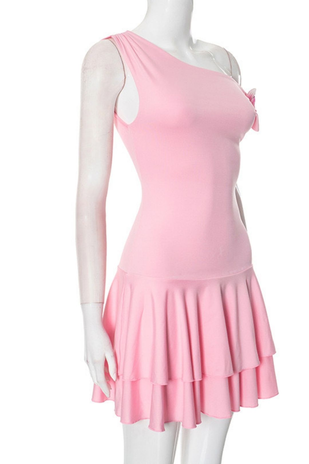 Summer Slant Shoulder Pullover Sleeveless Three-dimensional Flower Pleated Short Dress