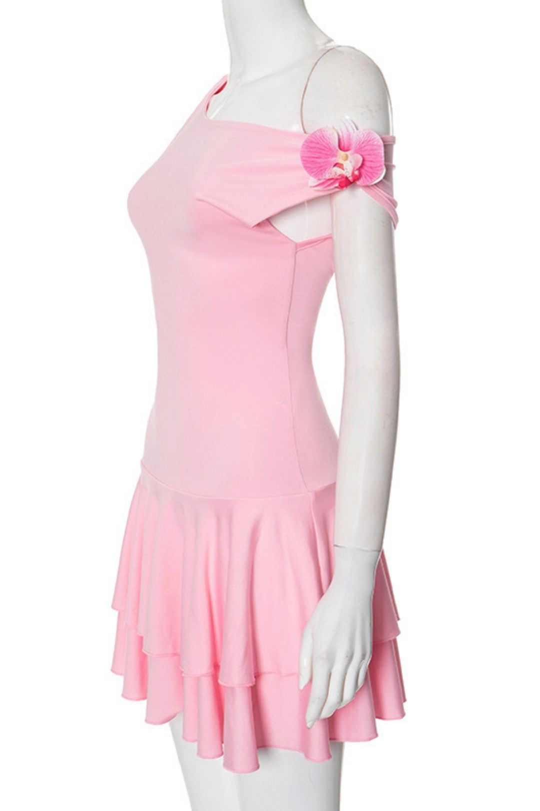 Summer Slant Shoulder Pullover Sleeveless Three-dimensional Flower Pleated Short Dress