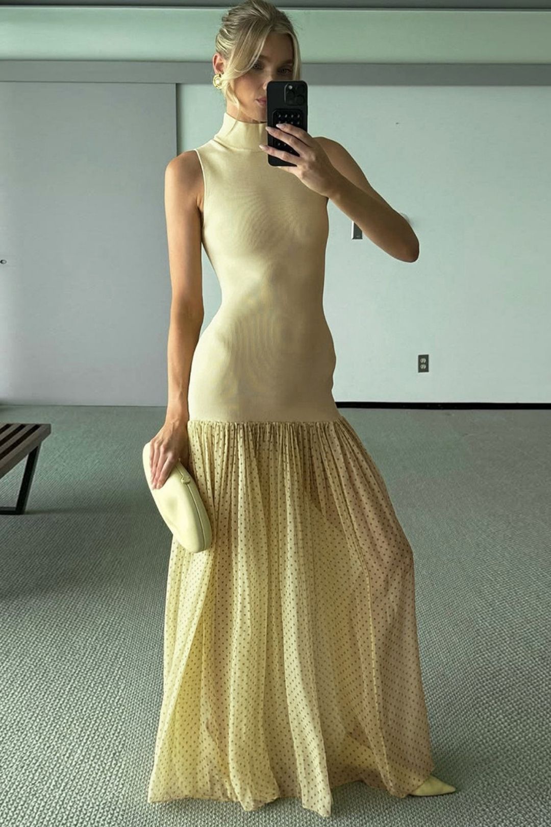 Summer New High-Neck Elegant Slim-Fit Patchwork Long Dress Fashion Polka Dot Dress