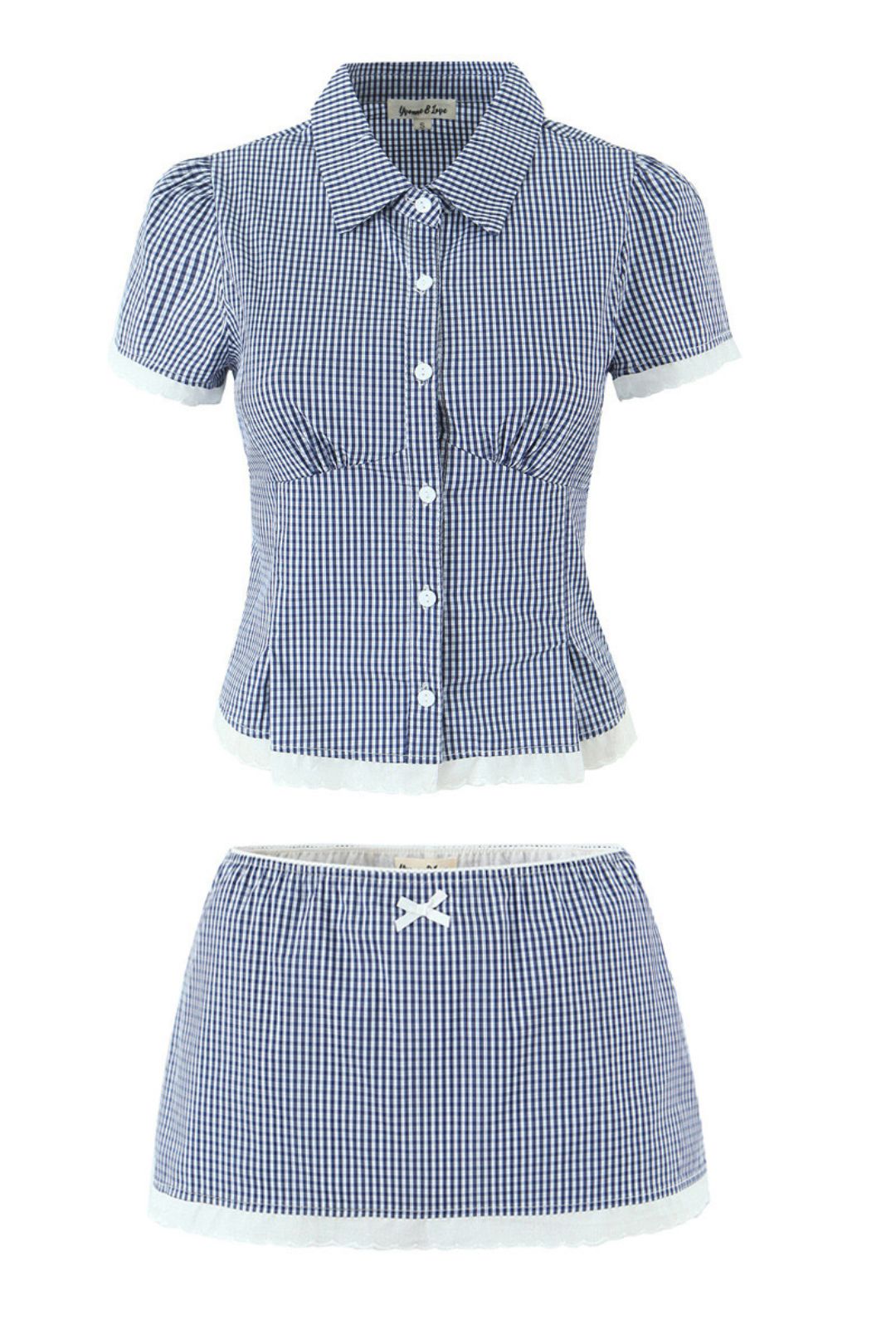 Plaid 2-piece Set Sexy Slim Short-sleeved Shirt + Chic Bow Mini Skirt