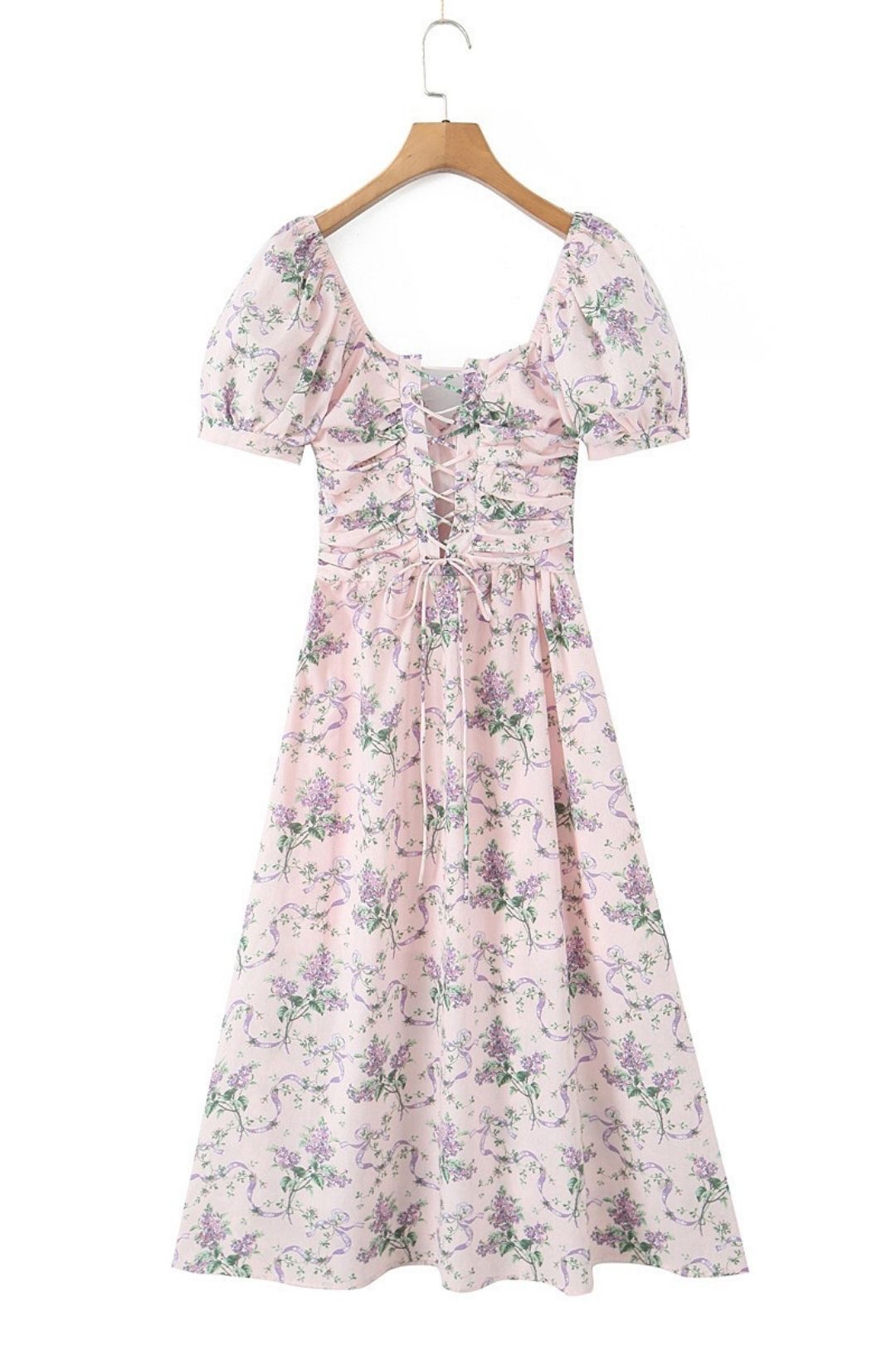 Puff Sleeve Mid-length French Square Neck Sexy Backless Dress