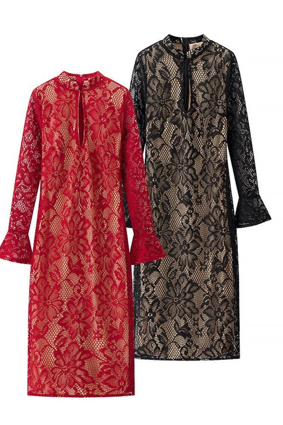 Lace Hollow Low-cut Trumpet Sleeve Hip Dress