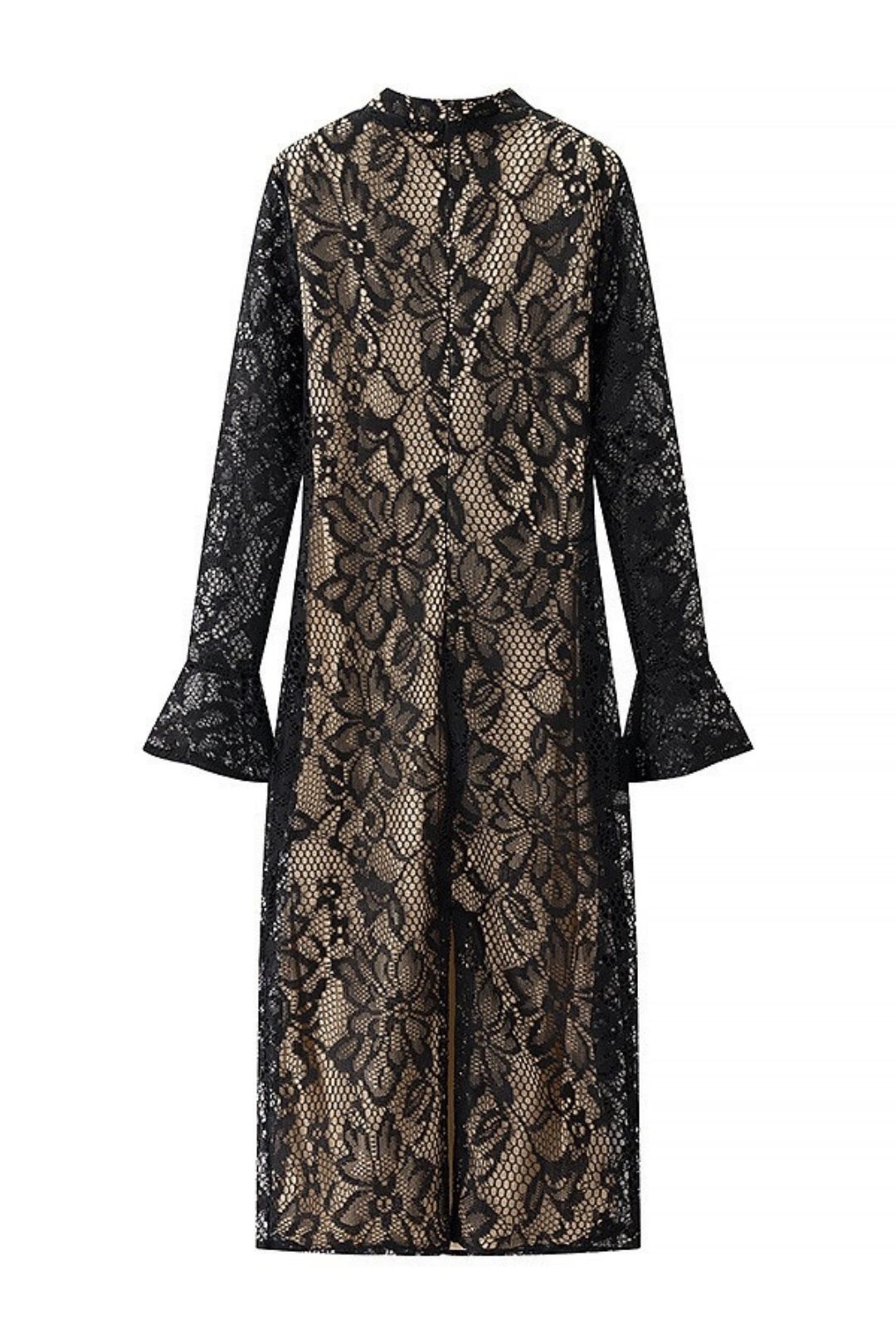 Lace Hollow Low-cut Trumpet Sleeve Hip Dress