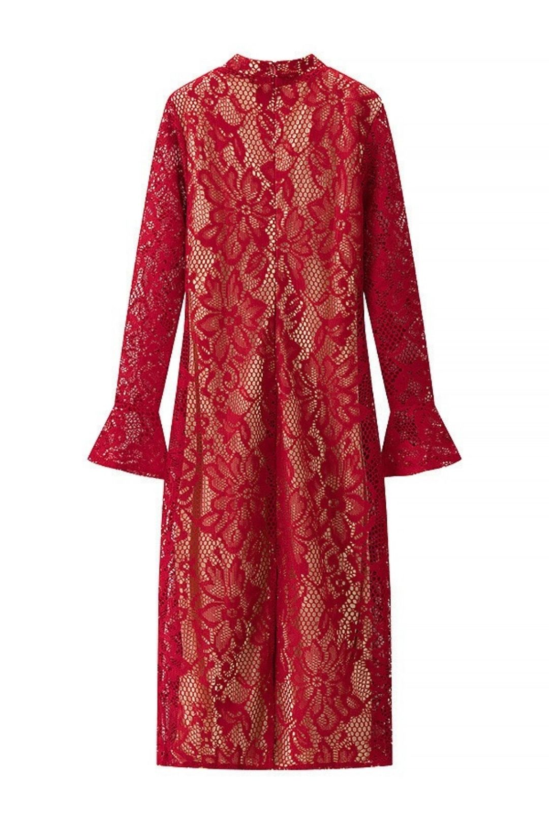 Lace Hollow Low-cut Trumpet Sleeve Hip Dress