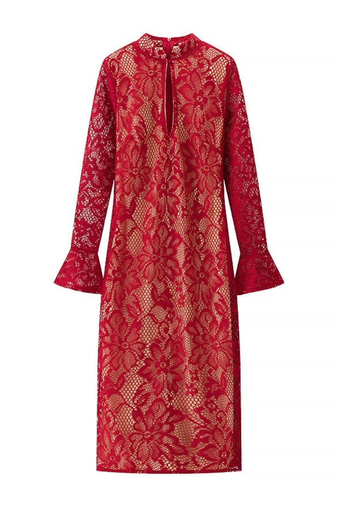 Lace Hollow Low-cut Trumpet Sleeve Hip Dress