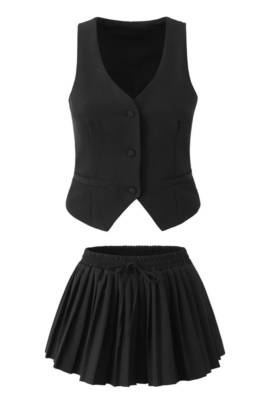 V-neck Sleeveless Button Suit Vest + Pleated Lace-up Skirt