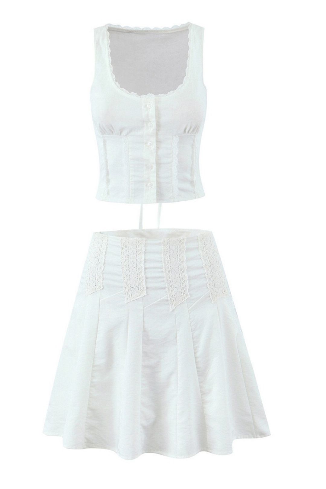 Two-piece French Lace Sleeveless Vest Top + High Waist A-line Dress