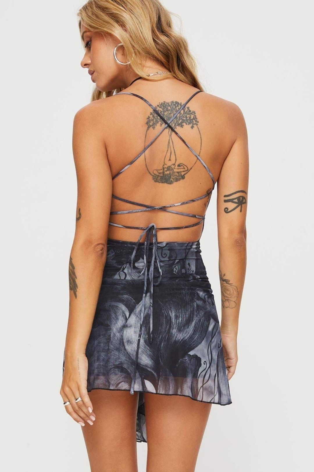 Retro Printed Mesh Ultra-Short Dress