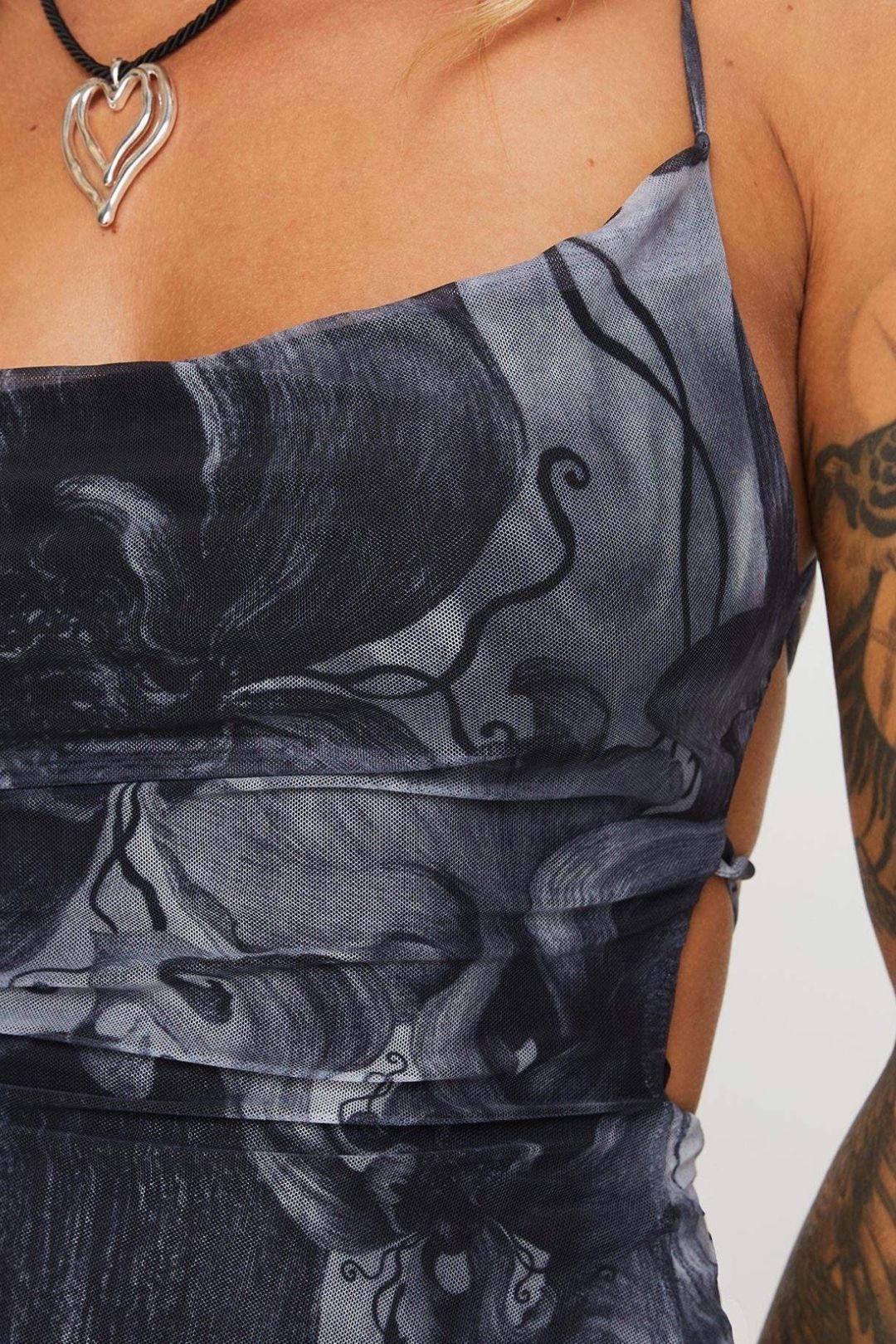 Retro Printed Mesh Ultra-Short Dress