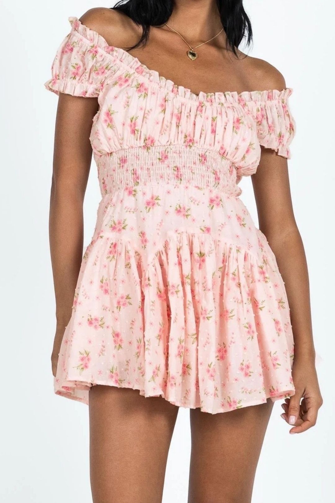 Sweet Floral Print Chic One-shoulder Waist Short Dress