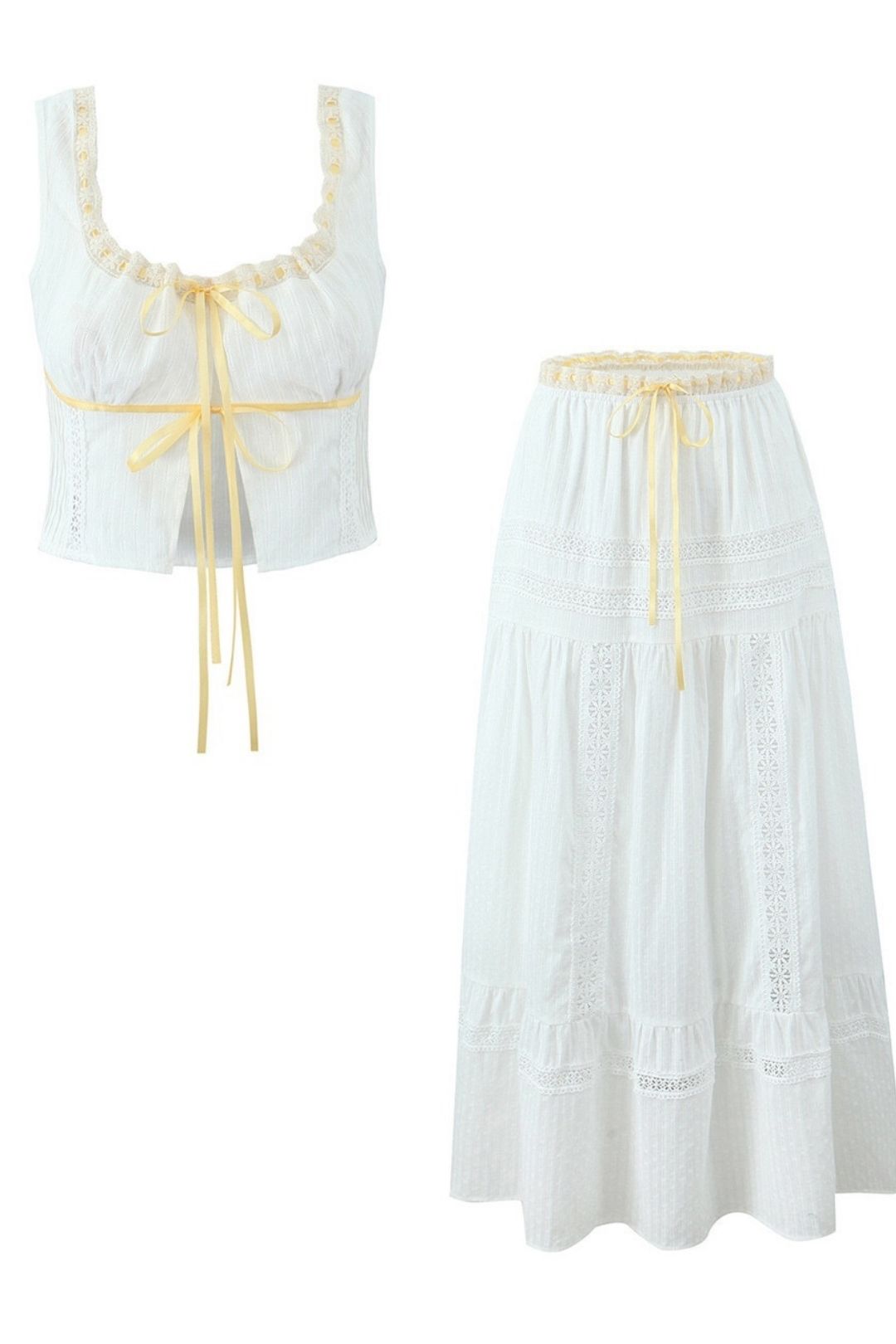 Ribbon Vest Top + High Waist Lace Maxi Skirt