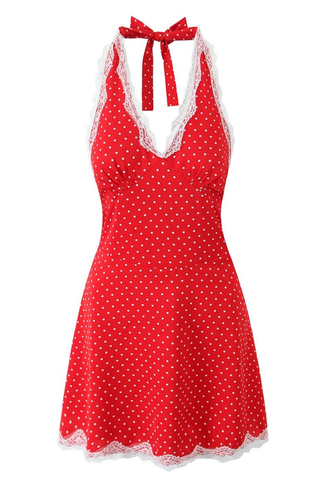 Polka Dot Print Chic Lace Patchwork Halter Neck Mini Dress
