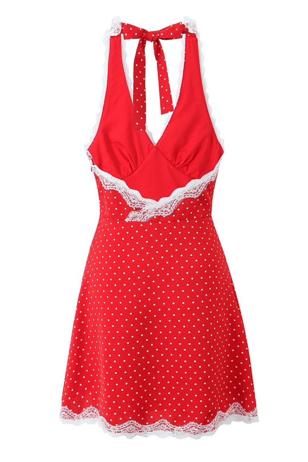 Polka Dot Print Chic Lace Patchwork Halter Neck Mini Dress