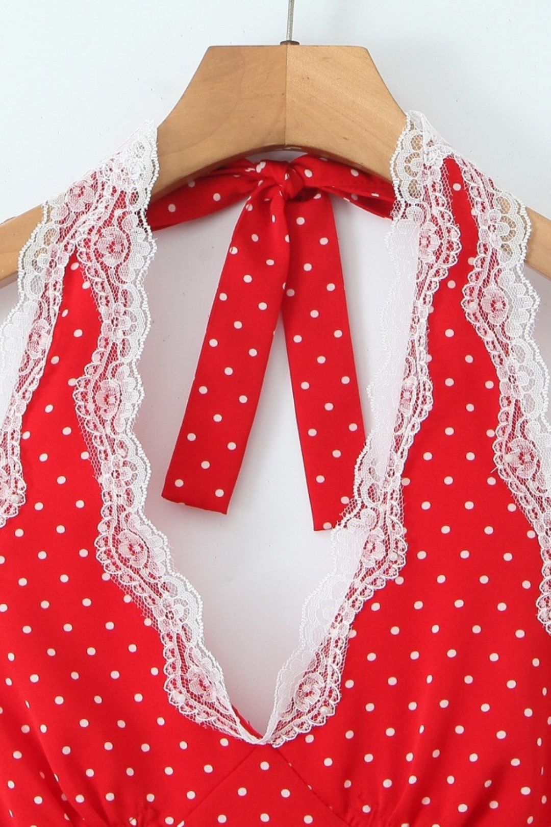 Polka Dot Print Chic Lace Patchwork Halter Neck Mini Dress