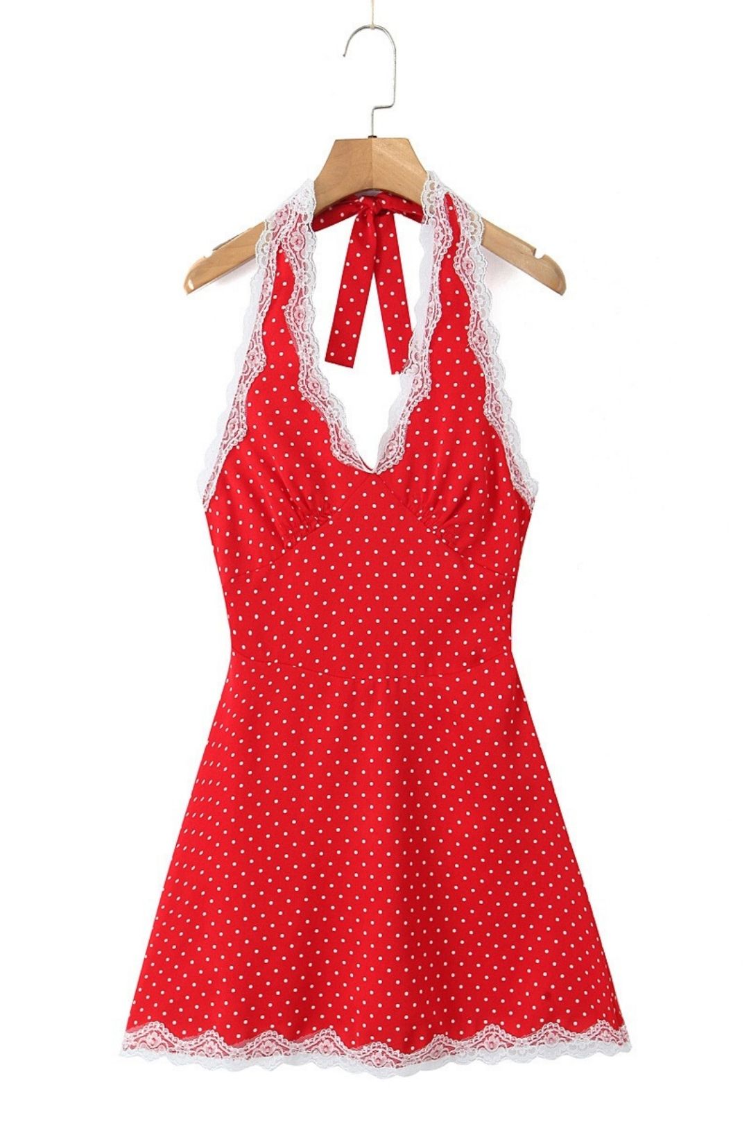 Polka Dot Print Chic Lace Patchwork Halter Neck Mini Dress