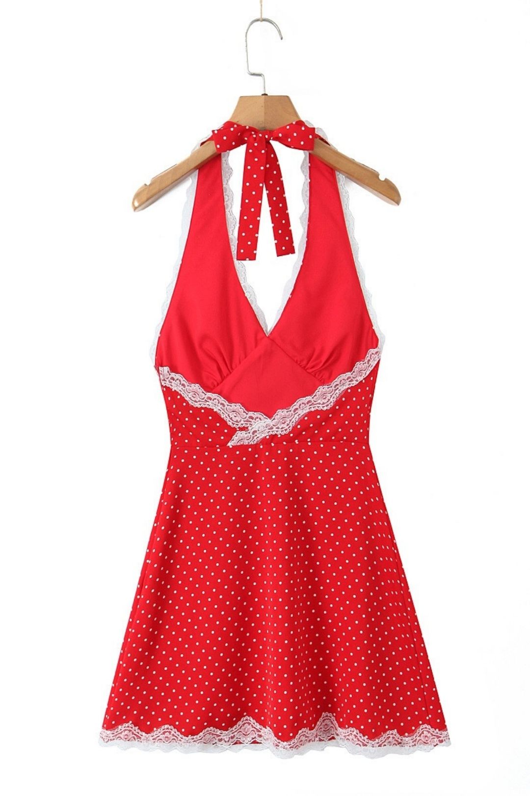 Polka Dot Print Chic Lace Patchwork Halter Neck Mini Dress