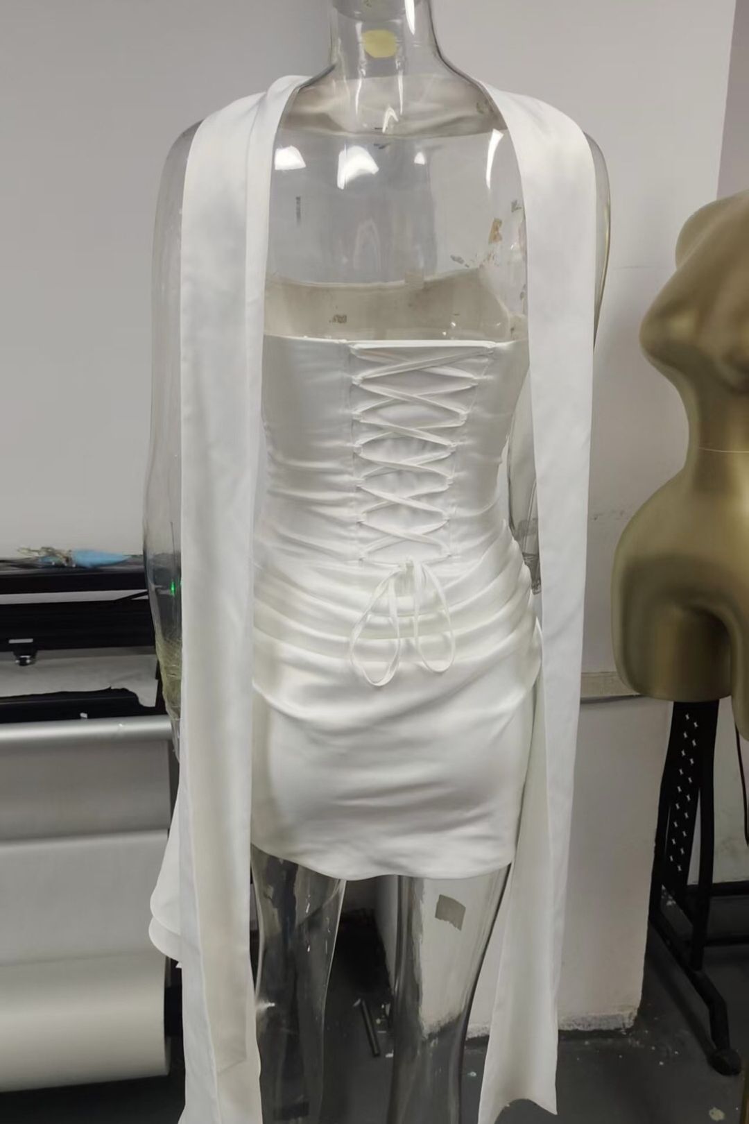 Short Satin Fishbone Sleeveless Dress