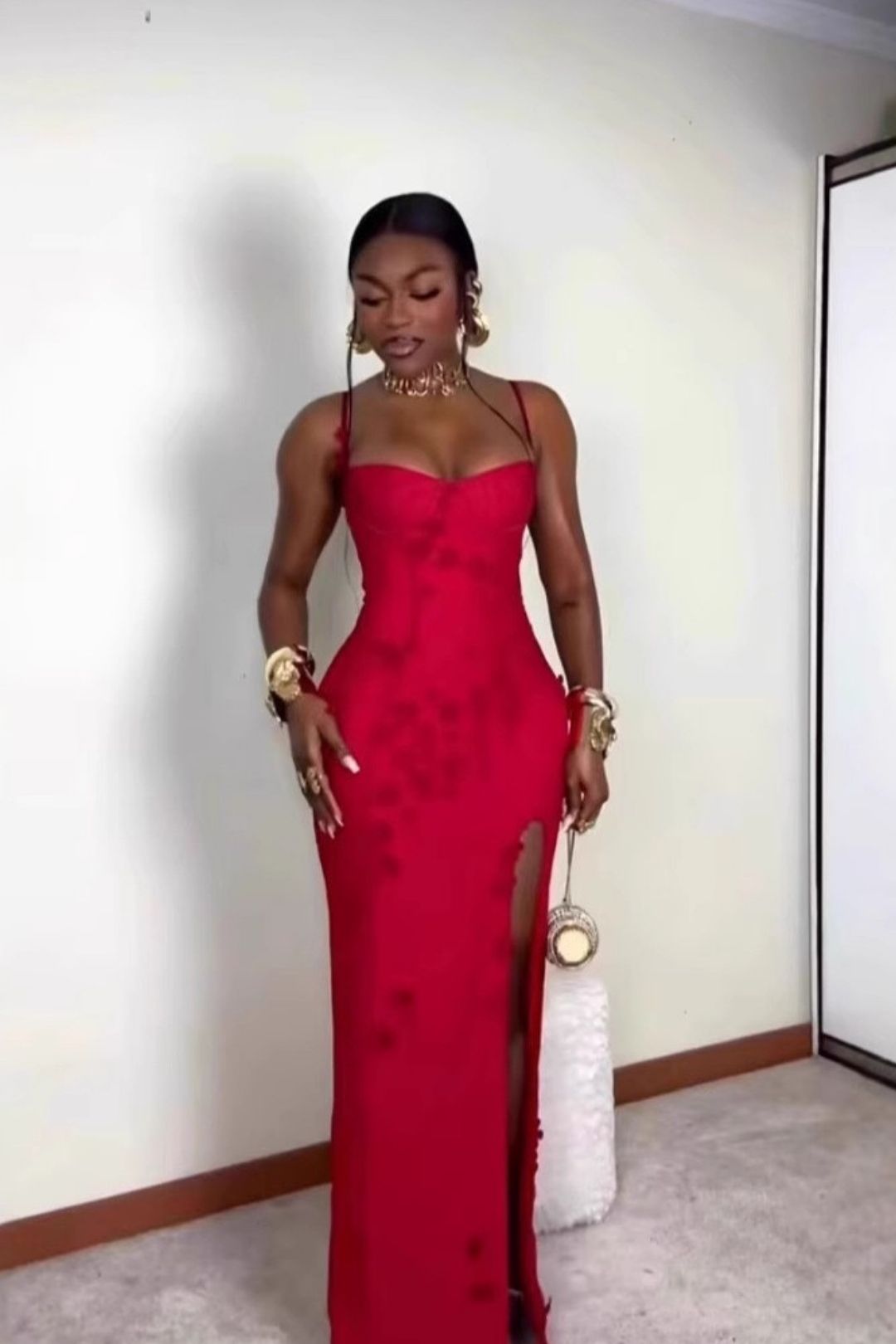 Strapless Three-dimensional Flower Slit Long Dress