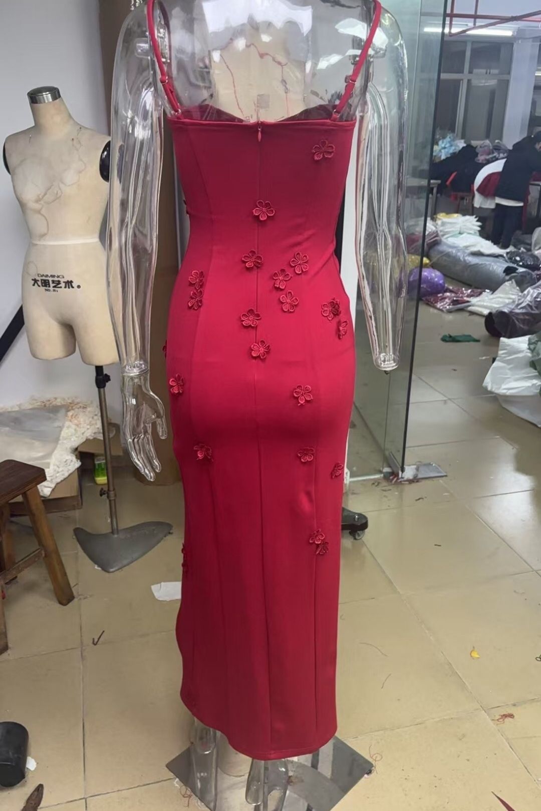 Strapless Three-dimensional Flower Slit Long Dress